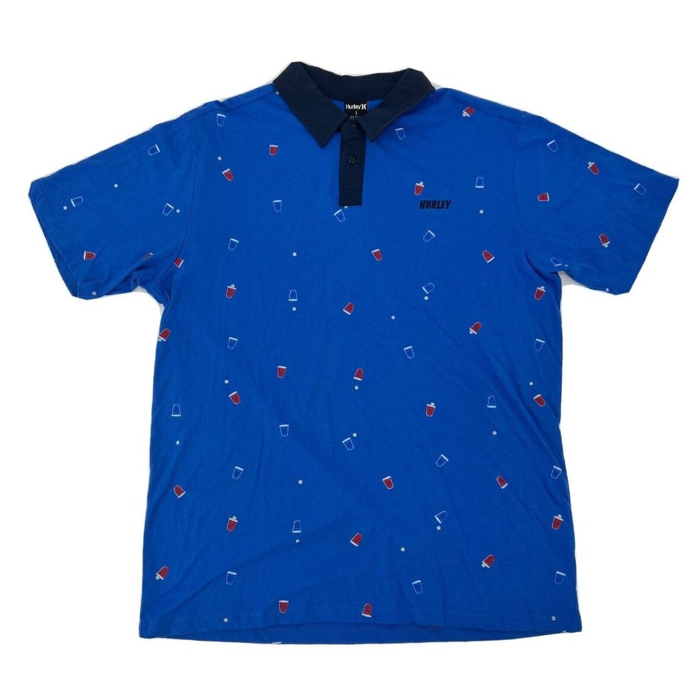 Hurley Shirt Mens L‎ Blue Short Sleeve Polo Beer Pong